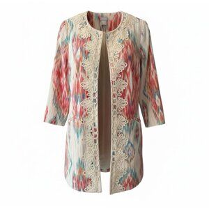 Chicos Daintree Ikat Soutache Linen Open Front Jacket Topper Womens Size 0/S/4
